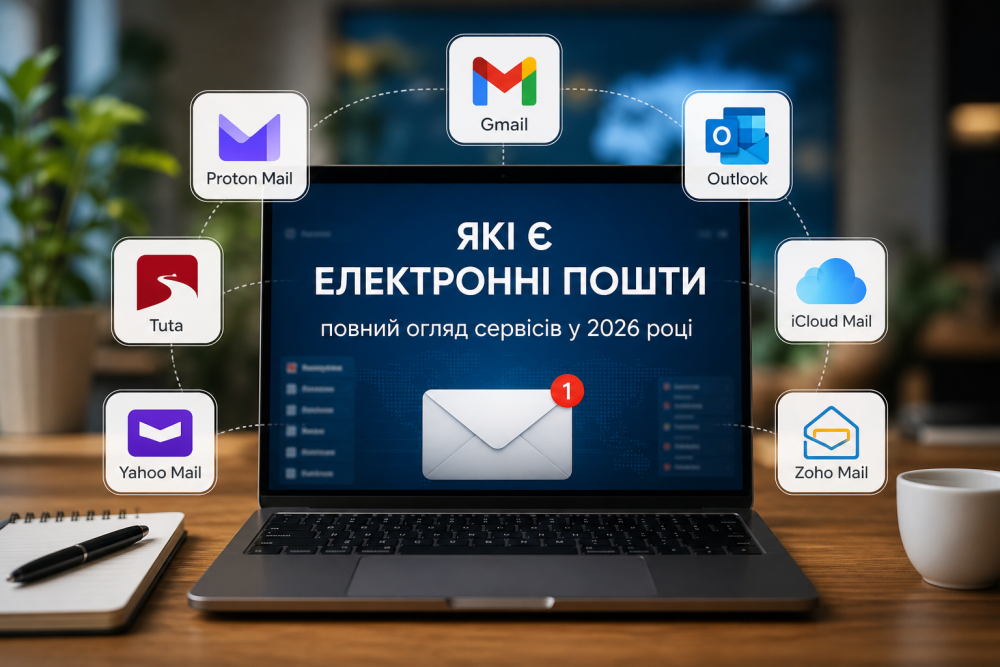 На зображенні стоїть ноутбук та вокруг нього логотипо популярних поштових сервісів.