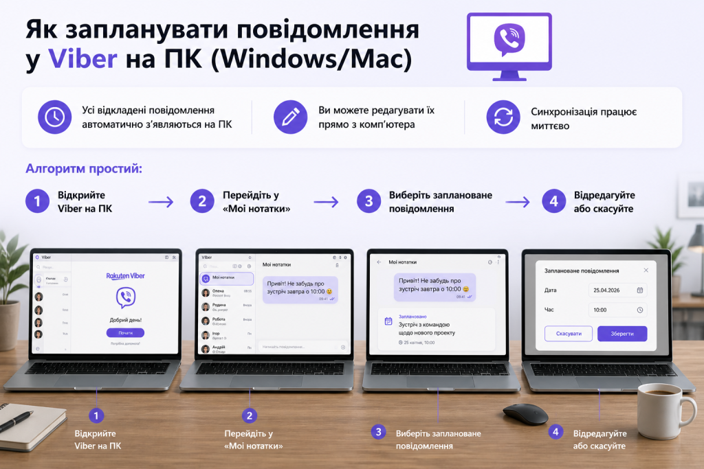 На зображенні покрокова інструкція як налаштувати запановані повідомлення у вайбер на ПК. 4 кроки, 4 єкрани ноутбука де це показується