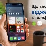 Людина тримає у руці мобільний телефон на ньому відни віджети