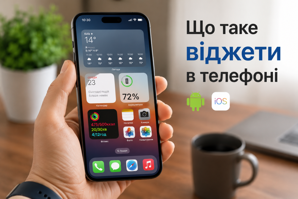 Людина тримає у руці мобільний телефон на ньому відни віджети