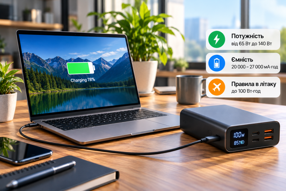 Ноутбук заряджається від павербанка через USB-C — вибір потужності 65–140 Вт та ємності 20 000–27 000 мА·год.